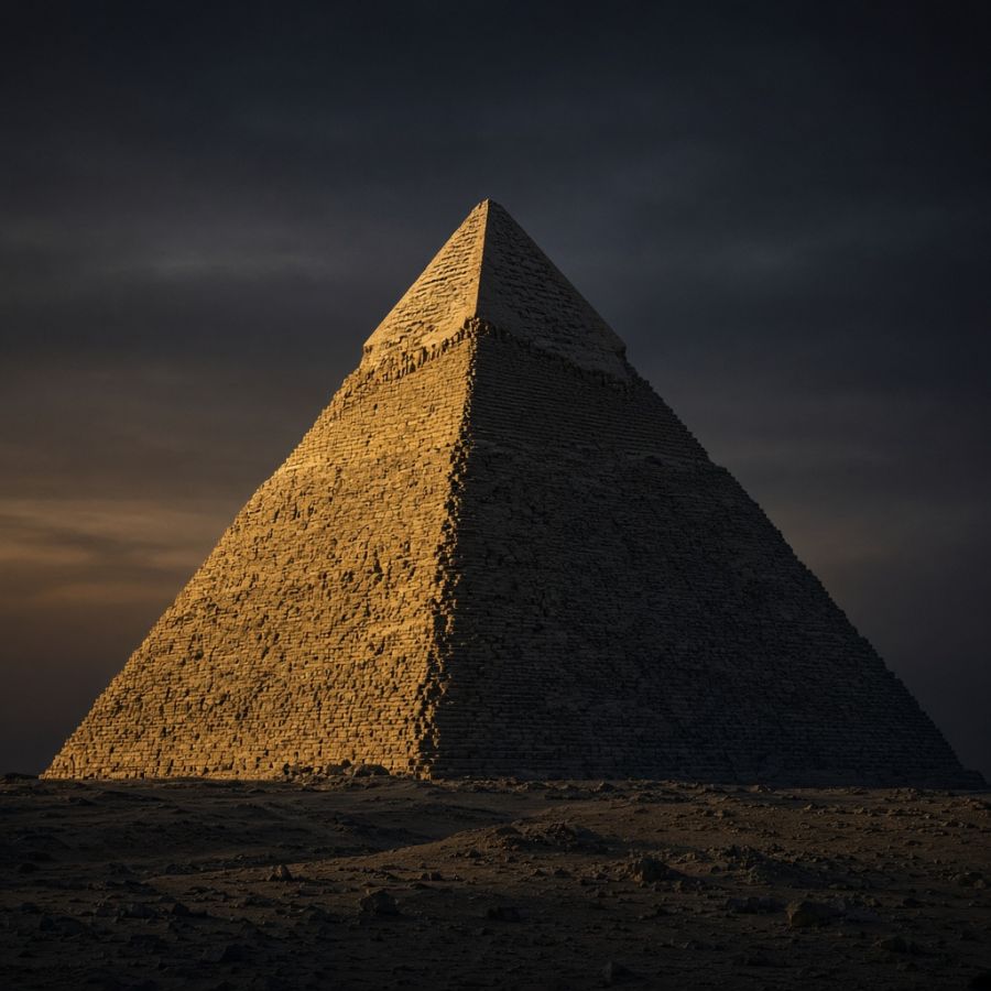 A stone pyramid in warm light against a dark sky