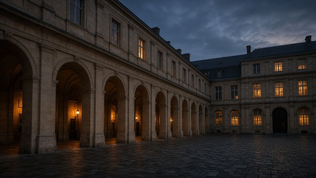 A stone courtyard with warm evening light
